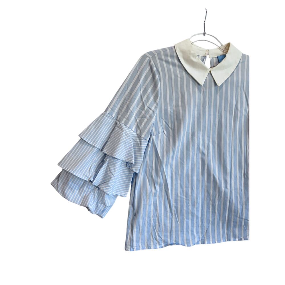 CeCe Blue White Stripe Ruffle Sleeve Blouse Peter Pan Collar M coastal preppy - Picture 4 of 8